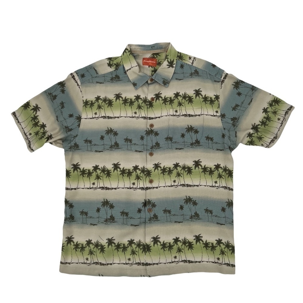 Tommy Bahama Green 100% Silk Palm Tree Short Sleeve Button Down Shirt Size XL